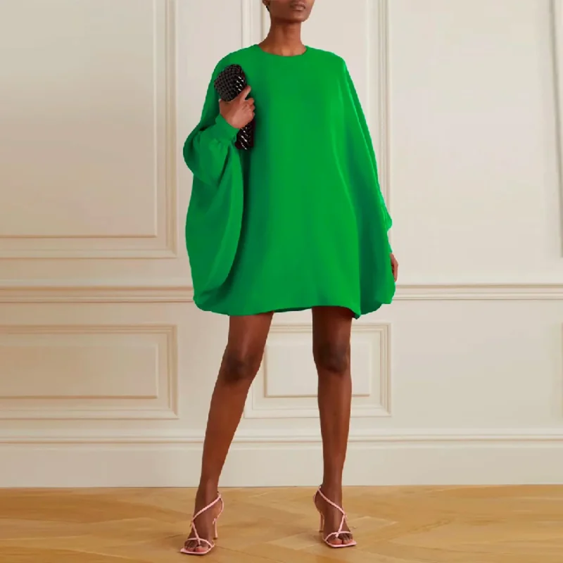 Loose Simple Long Batwing Sleeves Solid Color Round-Neck Mini Dress - Image 4