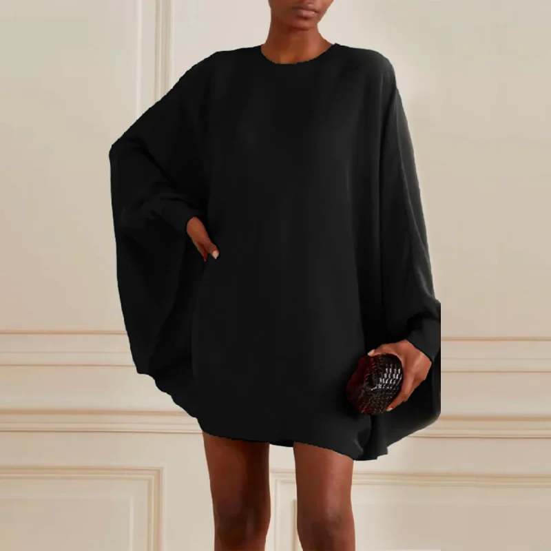 Loose Simple Long Batwing Sleeves Solid Color Round-Neck Mini Dress - Image 7