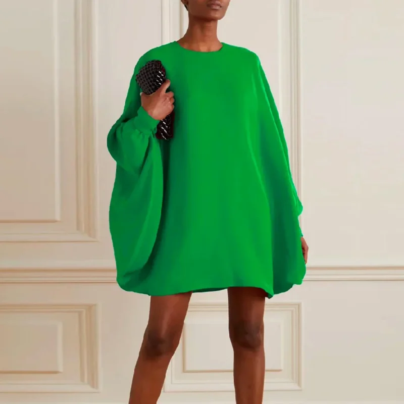 Loose Simple Long Batwing Sleeves Solid Color Round-Neck Mini Dress - Image 2