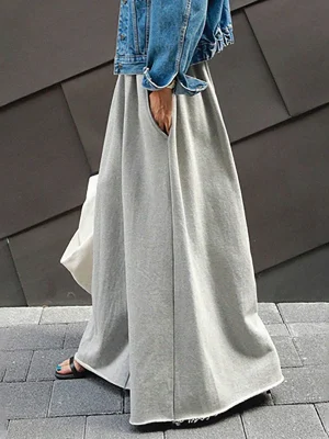 Black Gray Solid Color Wide Leg Elastic Waist Pants