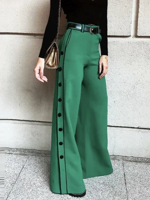 Button Zipper High Waist Wide Leg H-Line Pants