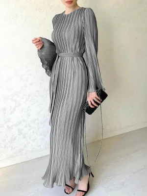 Flared Sleeves Solid Color Pleated Ruffled Maxi Dress