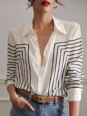 Striped Printed Lapel Blouses Top