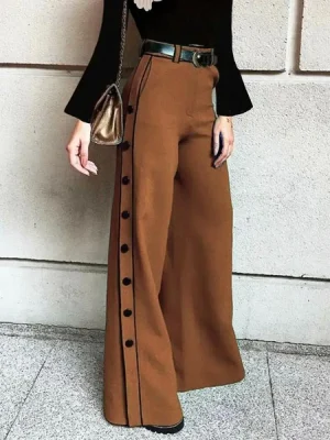 Button High Waisted Zipper Wide Leg Pants