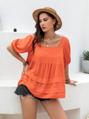 Solid Color Round Neck Short Sleeve Shirt for Plus Size Casual Summer Ladies