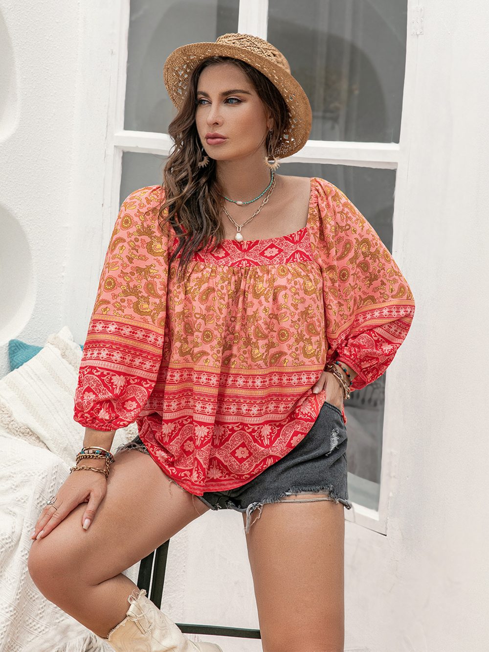 Orange Printed Square Collar Casual Vacation Women's Top - Image 2