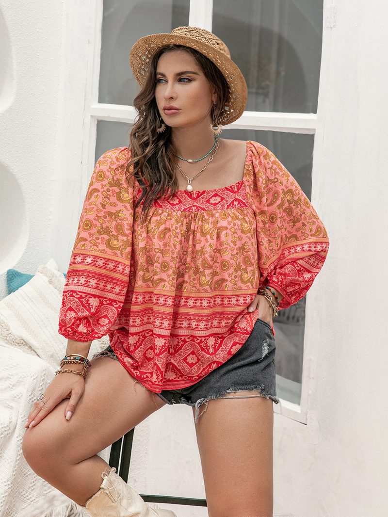 Orange Printed Square Collar Casual Vacation Women's Top - Image 2
