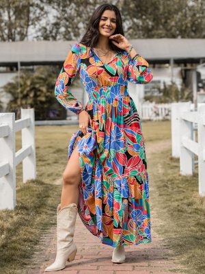 Bohemian Maxi Dress: Women’s Printed V-Neck Long Sleeve Dress