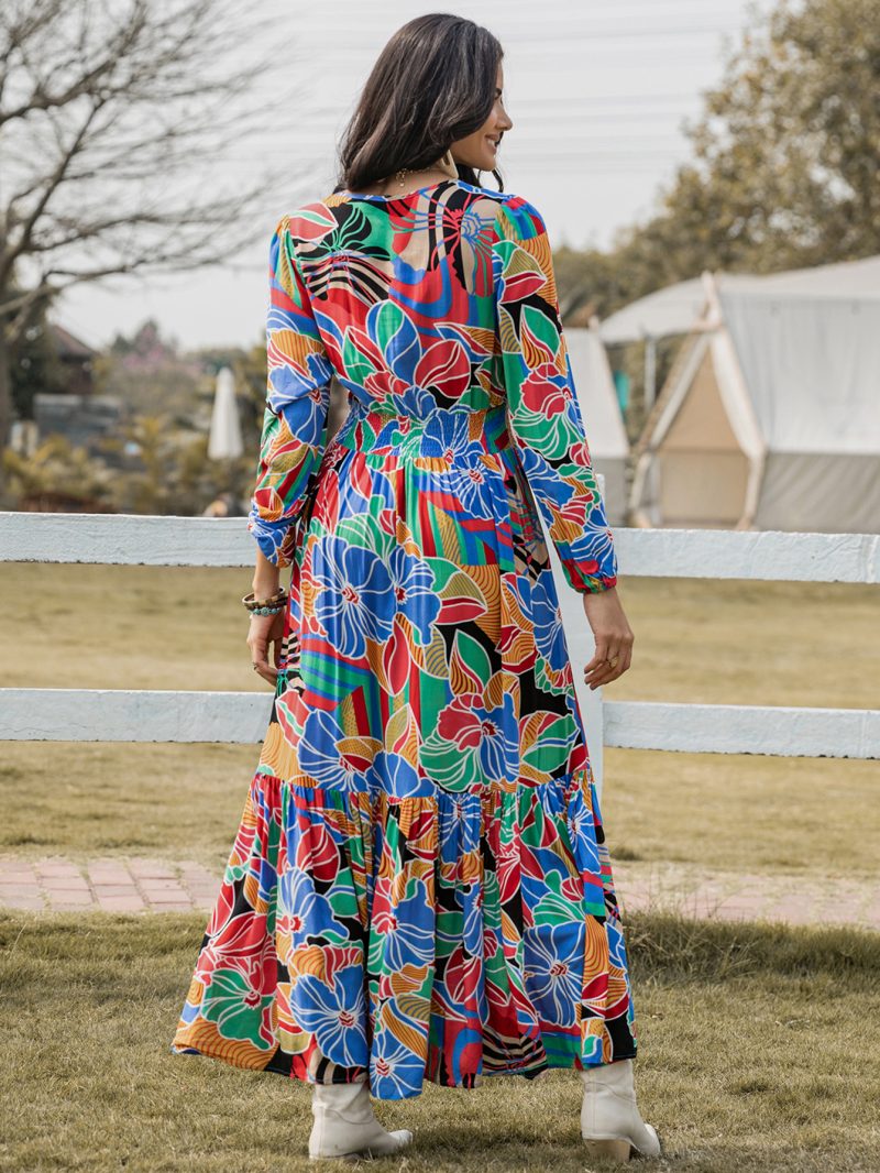 Bohemian Maxi Dress: Women's Printed V-Neck Long Sleeve Dress - Image 2
