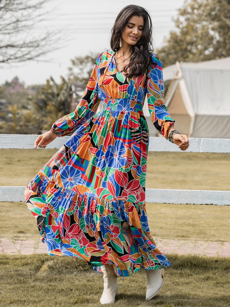 Bohemian Maxi Dress: Women's Printed V-Neck Long Sleeve Dress - Image 3