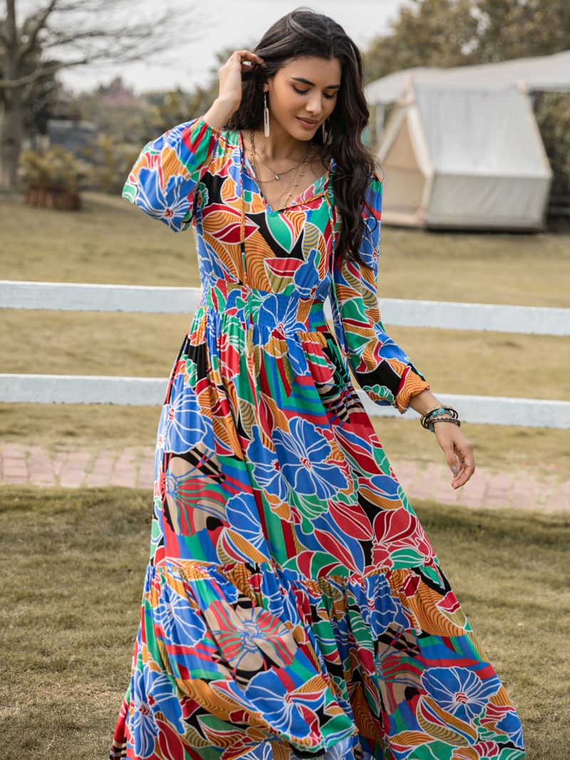Bohemian Maxi Dress: Women's Printed V-Neck Long Sleeve Dress - Image 4