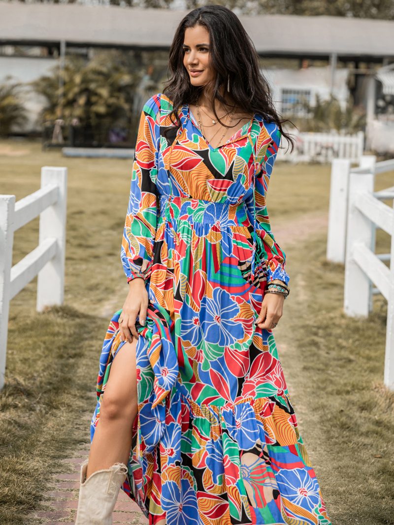 Bohemian Maxi Dress: Women's Printed V-Neck Long Sleeve Dress - Image 5