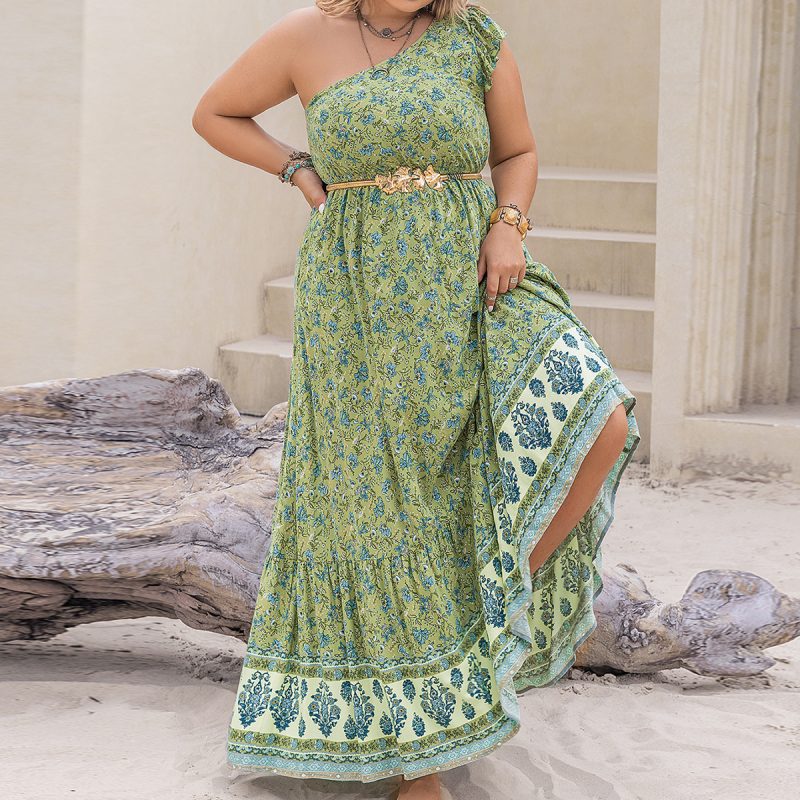 Oblique Shoulder Printed Slim Dress for Plus Size Women
