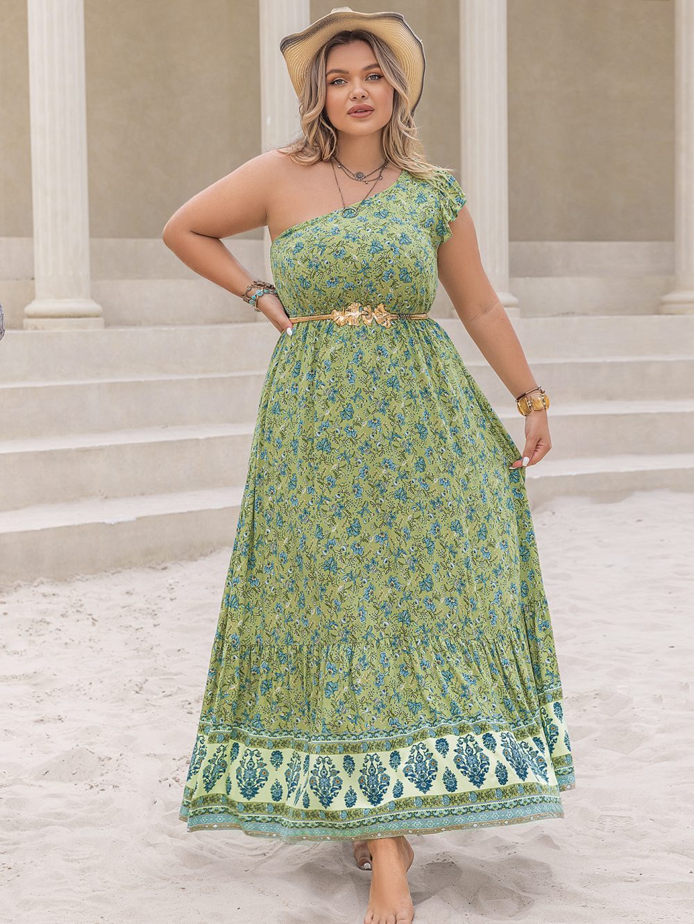Oblique Shoulder Printed Slim Dress for Plus Size Women - Image 4