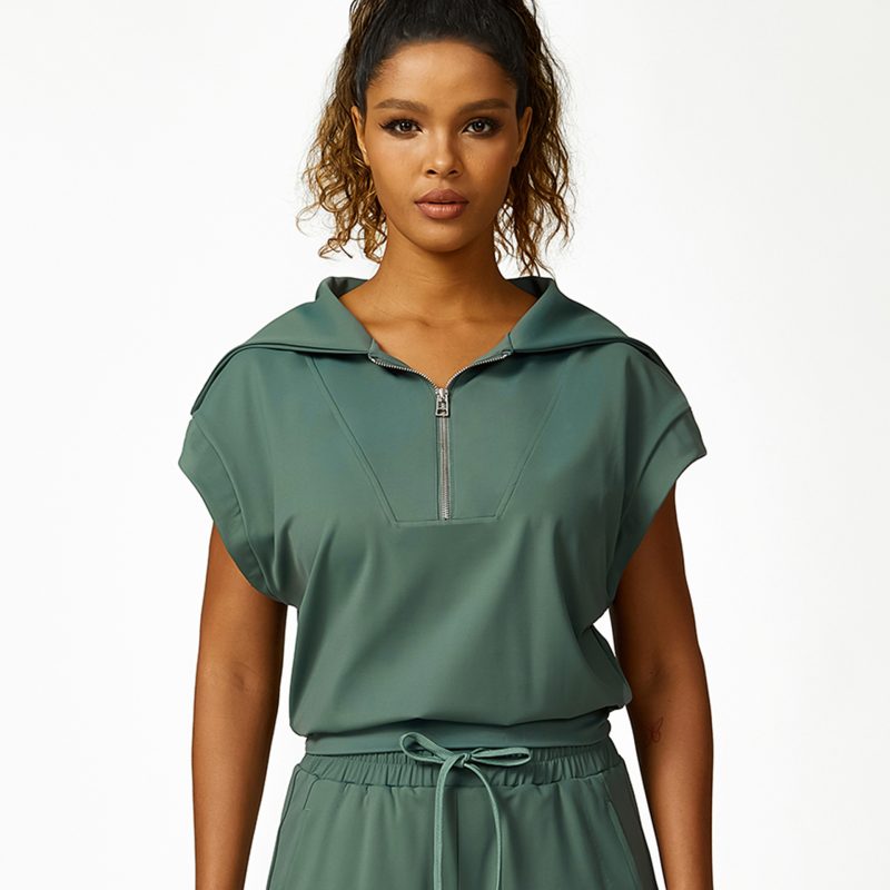 Three-Piece Workout Clothes Set: Loose Half-Zipper Collared Sleeveless Top, Casual Trousers, Lace-Up Shorts - Image 2