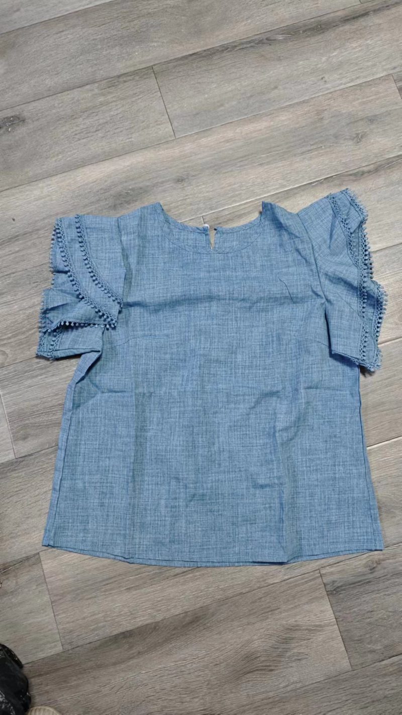 Solid Color Double Layer Ruffled Short Sleeve Top with Round Neck - Image 5