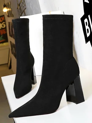 Pointed Suede Thick Heel Ankle Boots