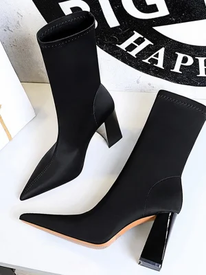 Mid-Calf Chunky Silk Block High Heel Boots