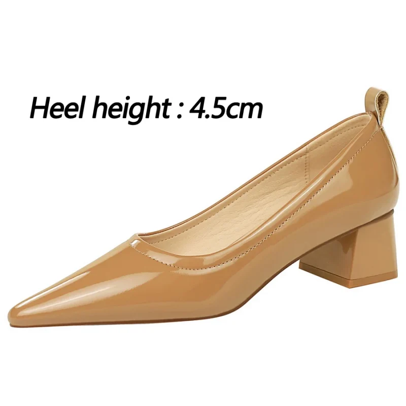 Mid Heel Patent Leather Pointed Thick Heel - Image 5