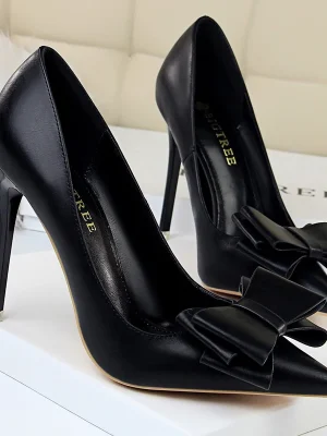 Black Classic Pumps PU Leather Bow-knot Heels