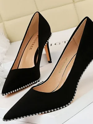 Metal Beads Suede High Heels