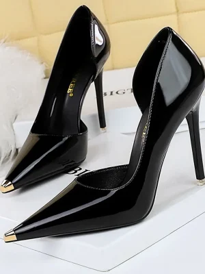 Metal Pointed Black Patent Leather High Heels