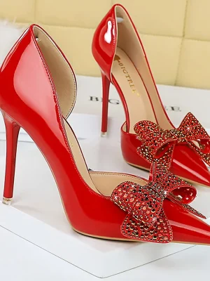 Rhinestone Bowknot Patent Leather High Heels