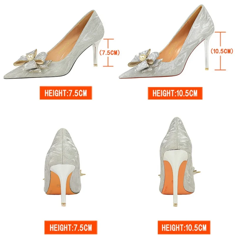 Pearl Rhinestone Bowknot High Heels - Image 3