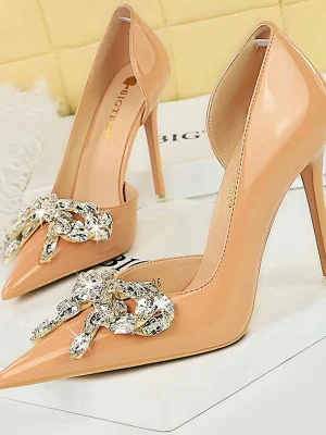 Nude Rhinestone Bowknot High Heels