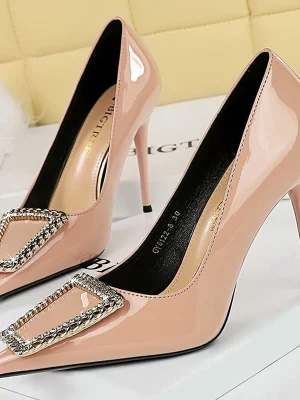 Metal Rhinestone Patent Leather High Heels