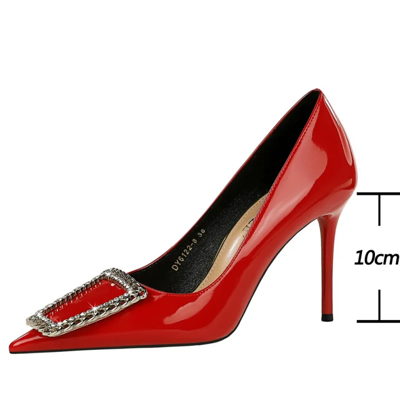 Metal Rhinestone Patent Leather High Heels - Image 6