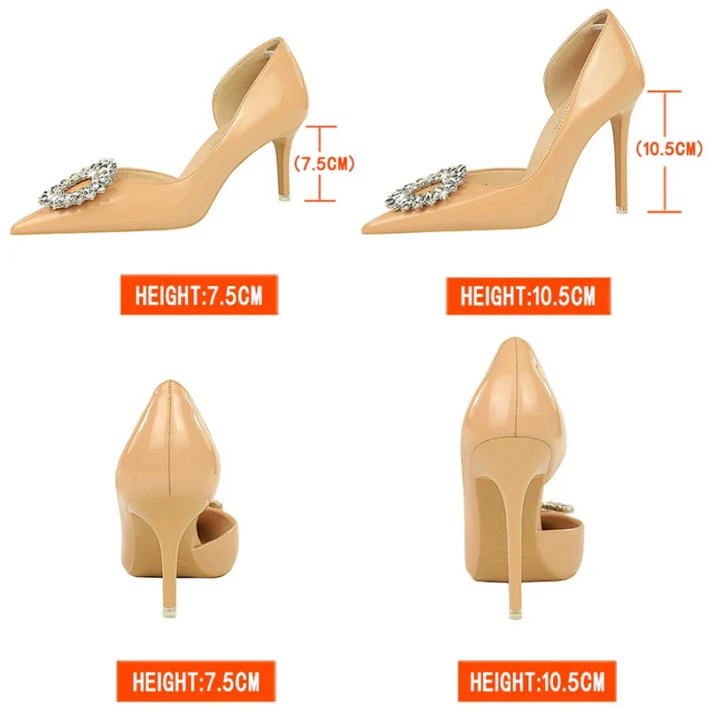 Patent Leather Rhinestone Buckle High Heels - Image 3