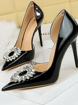 Patent Leather Rhinestone Buckle High Heels