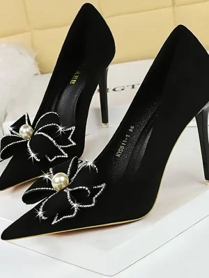 Pearl Bowknot Rhinestone High Heels