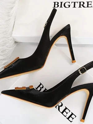 Pointed Toe Pumps Metal Square Buckle High Heels