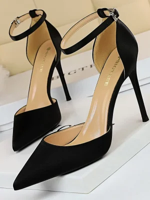 Satin With Shallow Pointed Pumps Buckle High Heels