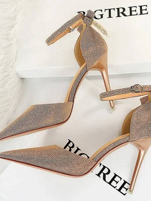 Sequin Cloth Bow Pointed Toe Heeled Sandals