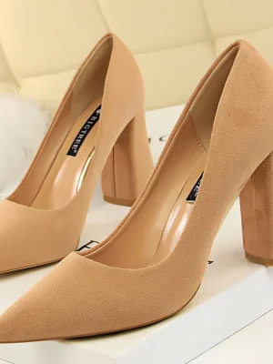 Thick Heel Suede Pointed Toe High Heels