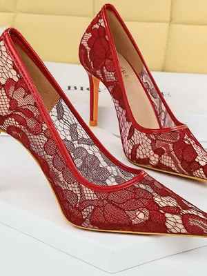 Wine Red Lace Mesh Hollow High Heels