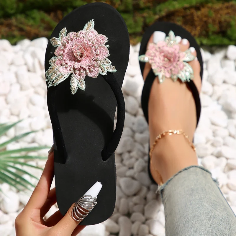 Embroidery Floral Wedge Heels Flip Flops - Image 4