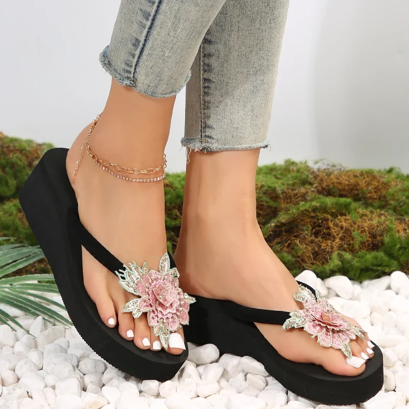 Embroidery Floral Wedge Heels Flip Flops - Image 6