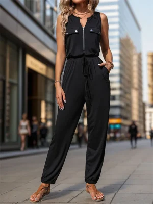 sleeveless zip-up V-neck pocket jumpsuit