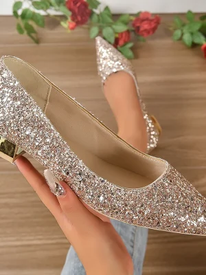 Shiny Sequins Pointed Toe Thick Heels