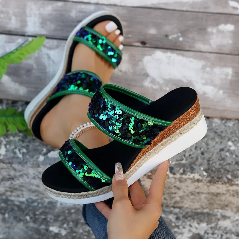 Green Glitter Wedge Sandals - Image 2