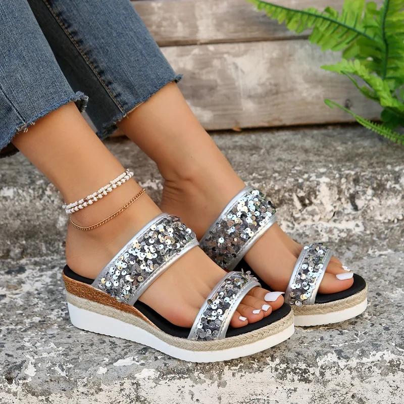 Green Glitter Wedge Sandals - Image 4