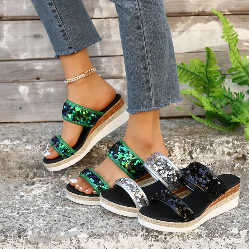 Green Glitter Wedge Sandals - Image 6