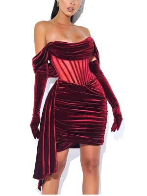 Velvet Off Shoulder Mesh Patchwork Ribbon Dress