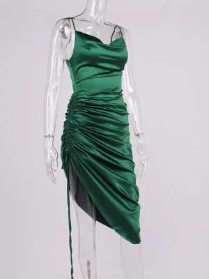 Eco Satin Spaghetti Strap Asymmetrical Long Dress