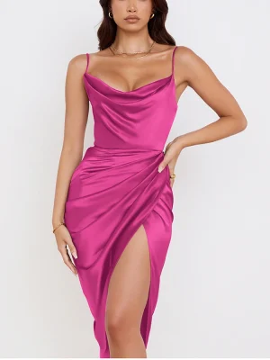 Satin Split Adjustable Strap Dress