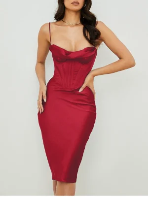 Eco Spaghetti Strap 2 Layer Zip Midi Bodycon Dress